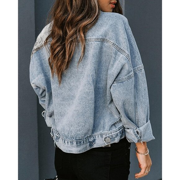 Women's Loose Button Down Cropped Denim Jacket Long Sleeves Cheetah Light Blue - Picture 4 of 6